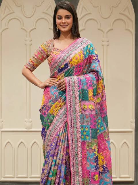 Crepe Silk Digital Print Mirror Work Saree